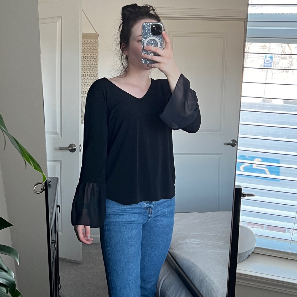 Banana Republic Black Sheer Flare Ruffled Sleeves VNeck Blouse